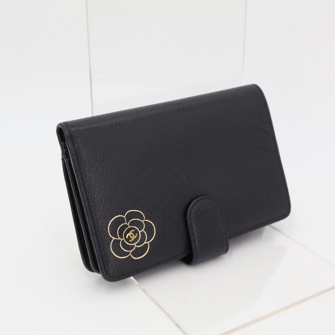 シャネル CHANEL カメリア 二つ折り財布 レザー ブラック