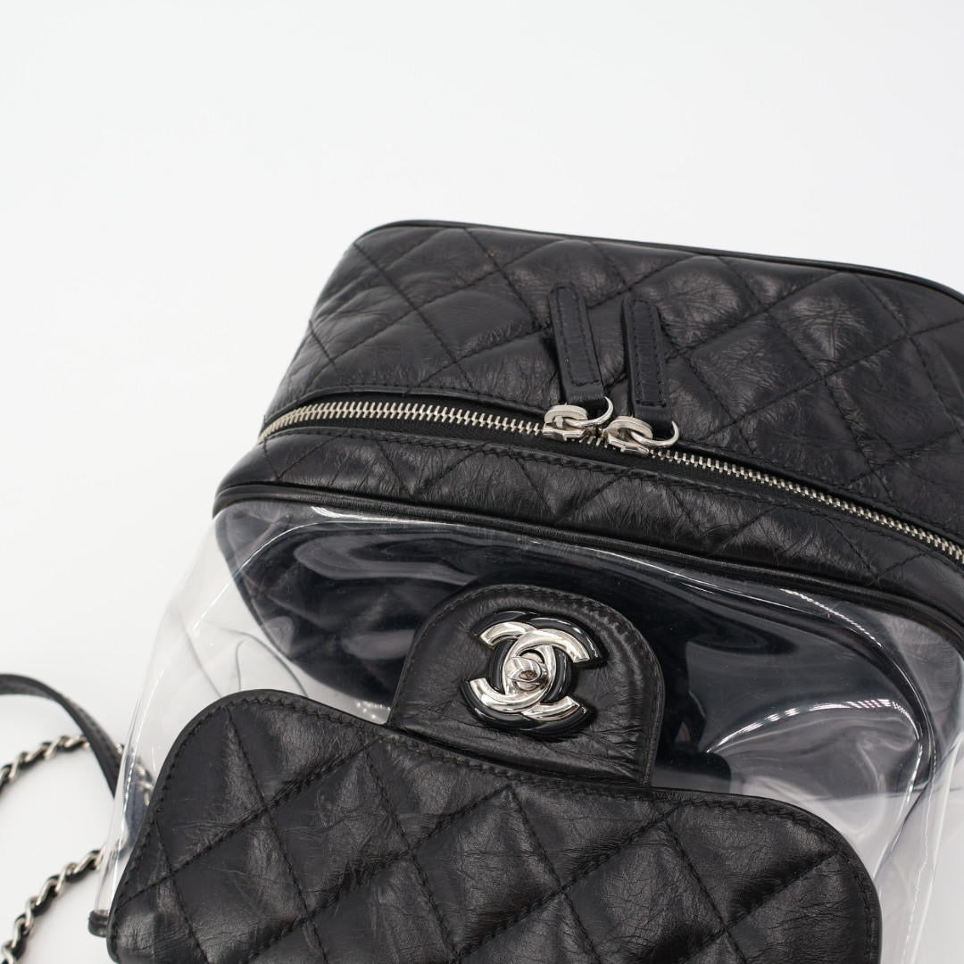 CHANEL シャネル マトラッセ クリアバックパック A57826 クリア ブラック ビニール レザー シルバー金具 リュックサック