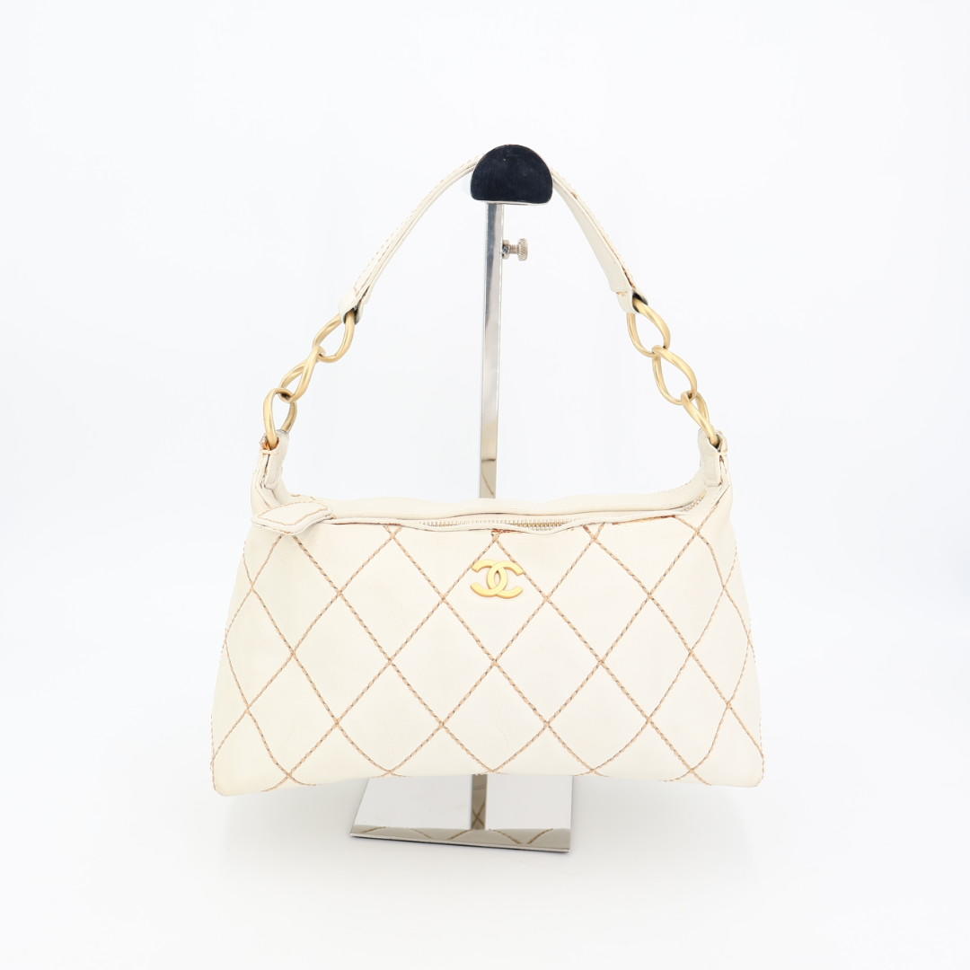 シャネル CHANEL ワイルドステッチ ココマーク ショルダーバッグ ワンショルダー チェーンショルダー レザー ベージュ ゴールド金具