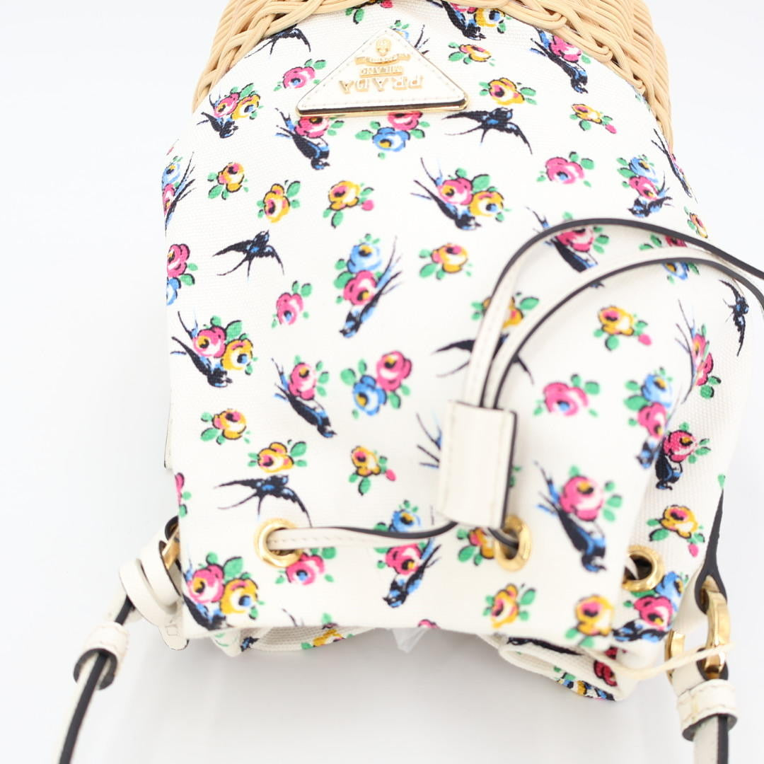 プラダ PRADA ハンドバッグ バッグ キャンバス ウィッカー レディース ホワイト系 / マルチカラー 美品