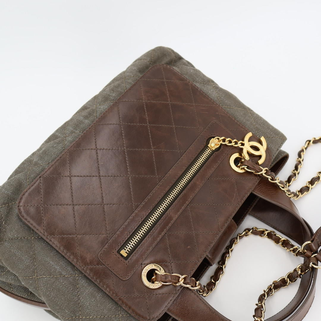 シャネル CHANELショルダーバッグ ヴィンテージカーフ×デニム ココチャーム 巾着 ブラウン×グレー