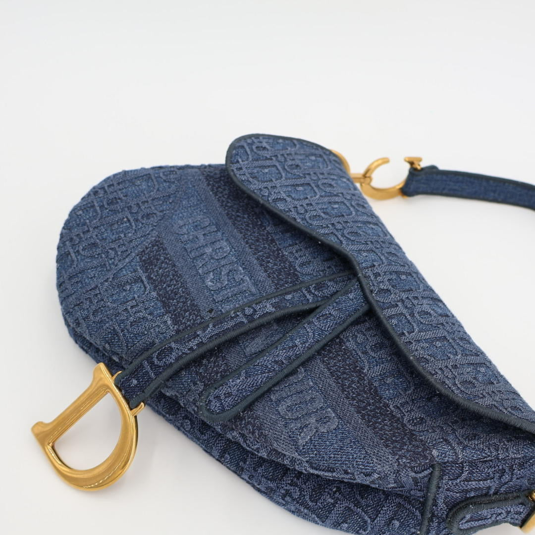 クリスチャンディオールChristian　Dior 01-RU-0095 オブリーク エンブロイダリー サドルバッグM デニム Dior ワンショルダーバッグ トロッター ハンドバッグ ブルー/ネイビー/紺 アンティークゴールド金具 ギフト