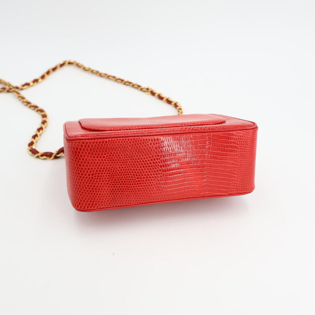 シャネル CHANEL ココマーク リザード シングルフラップ シングルチェーンバッグ レッド ゴールド金具 1番台