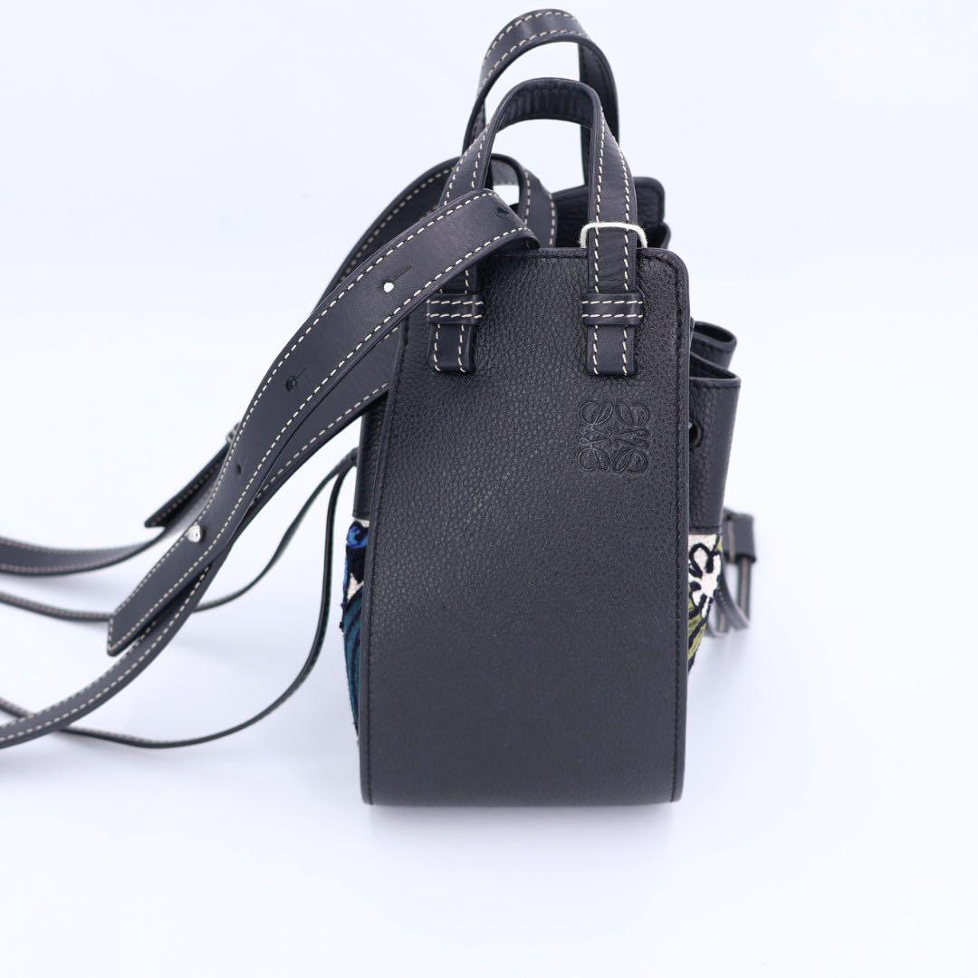 ロエベ LOEWE ハンモックミニ ハンドバッグ ウィリアム・ド・モーガン/刺繍 黒×白×ブルー ソフトグレインカーフ×キャンバス 美品