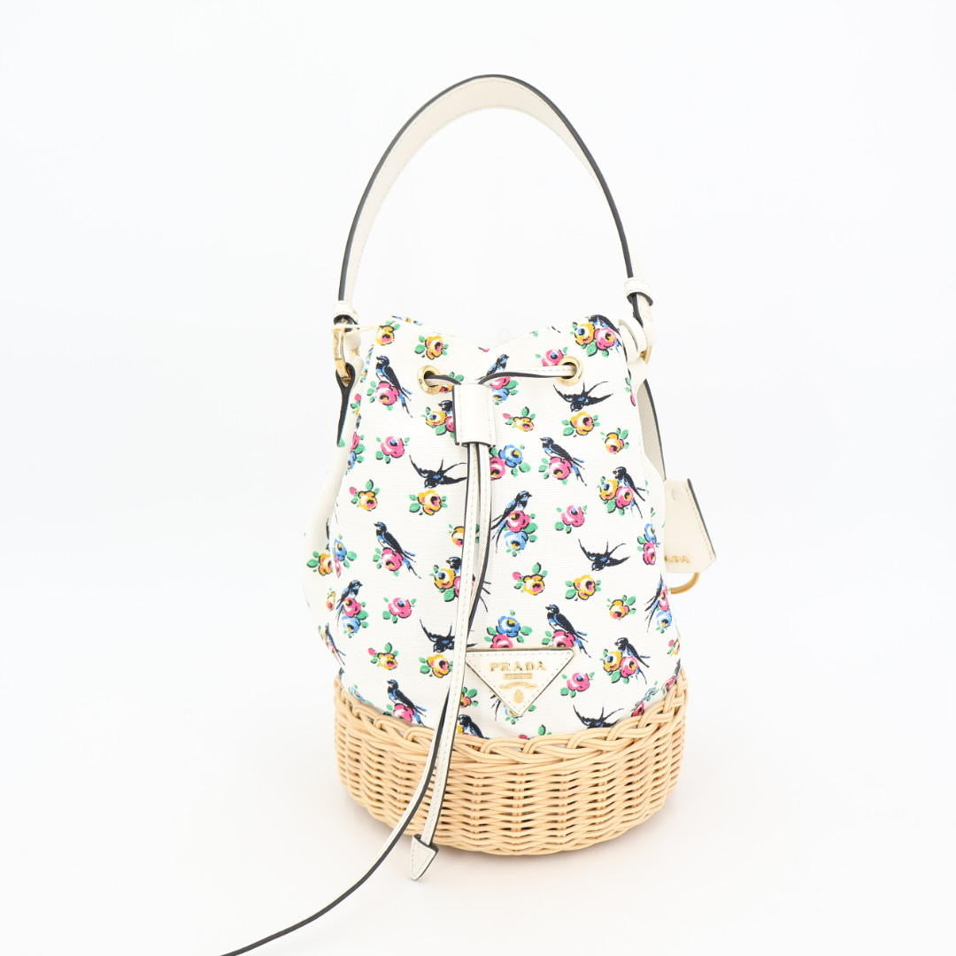 プラダ PRADA ハンドバッグ バッグ キャンバス ウィッカー レディース ホワイト系 / マルチカラー 美品