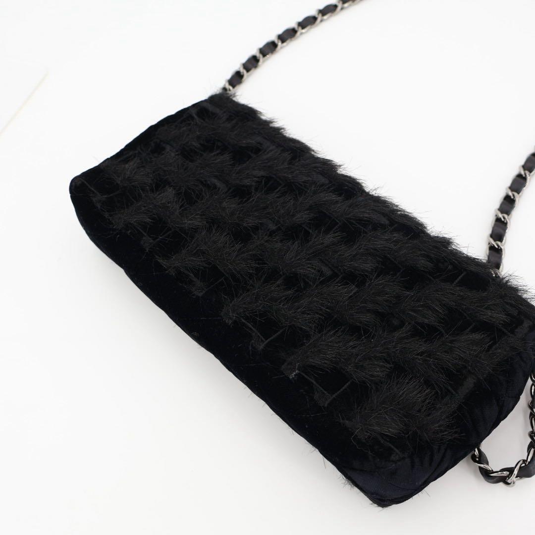 シシャネル CHANEL チェーン 黒 シルバー金具 レディース ベロア ショルダーバッグ