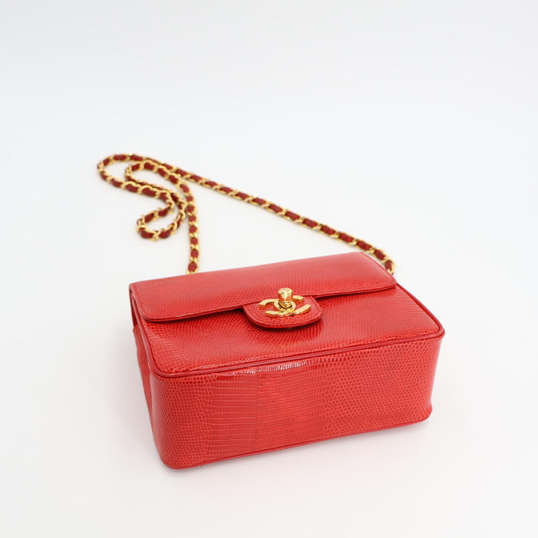 シャネル CHANEL ココマーク リザード シングルフラップ シングルチェーンバッグ レッド ゴールド金具 1番台
