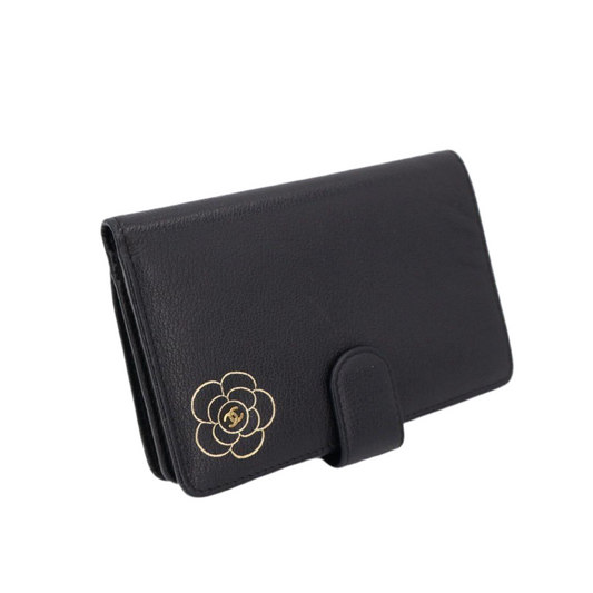 シャネル CHANEL カメリア 二つ折り財布 レザー ブラック