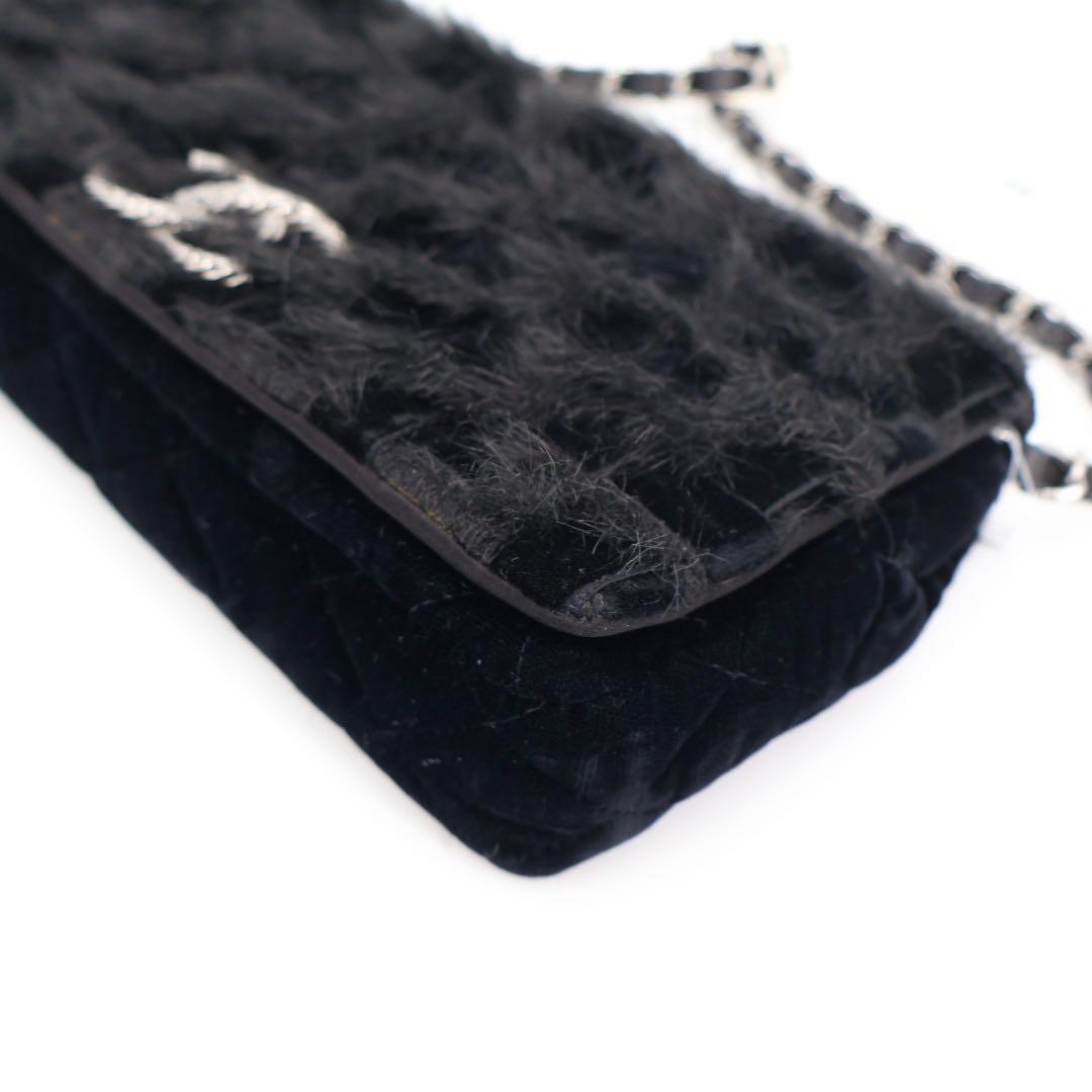 シシャネル CHANEL チェーン 黒 シルバー金具 レディース ベロア ショルダーバッグ