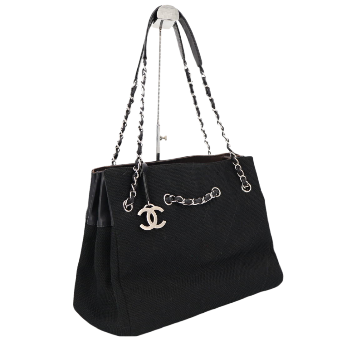 シャネル CHANEL シェブロン チェーンショルダーバッグ Vステッチ キャンバス×レザー ブラック×シルバー金具