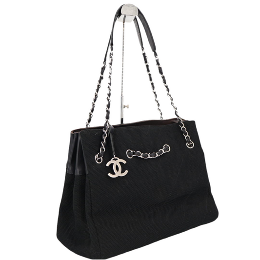 シャネル CHANEL シェブロン チェーンショルダーバッグ Vステッチ キャンバス×レザー ブラック×シルバー金具