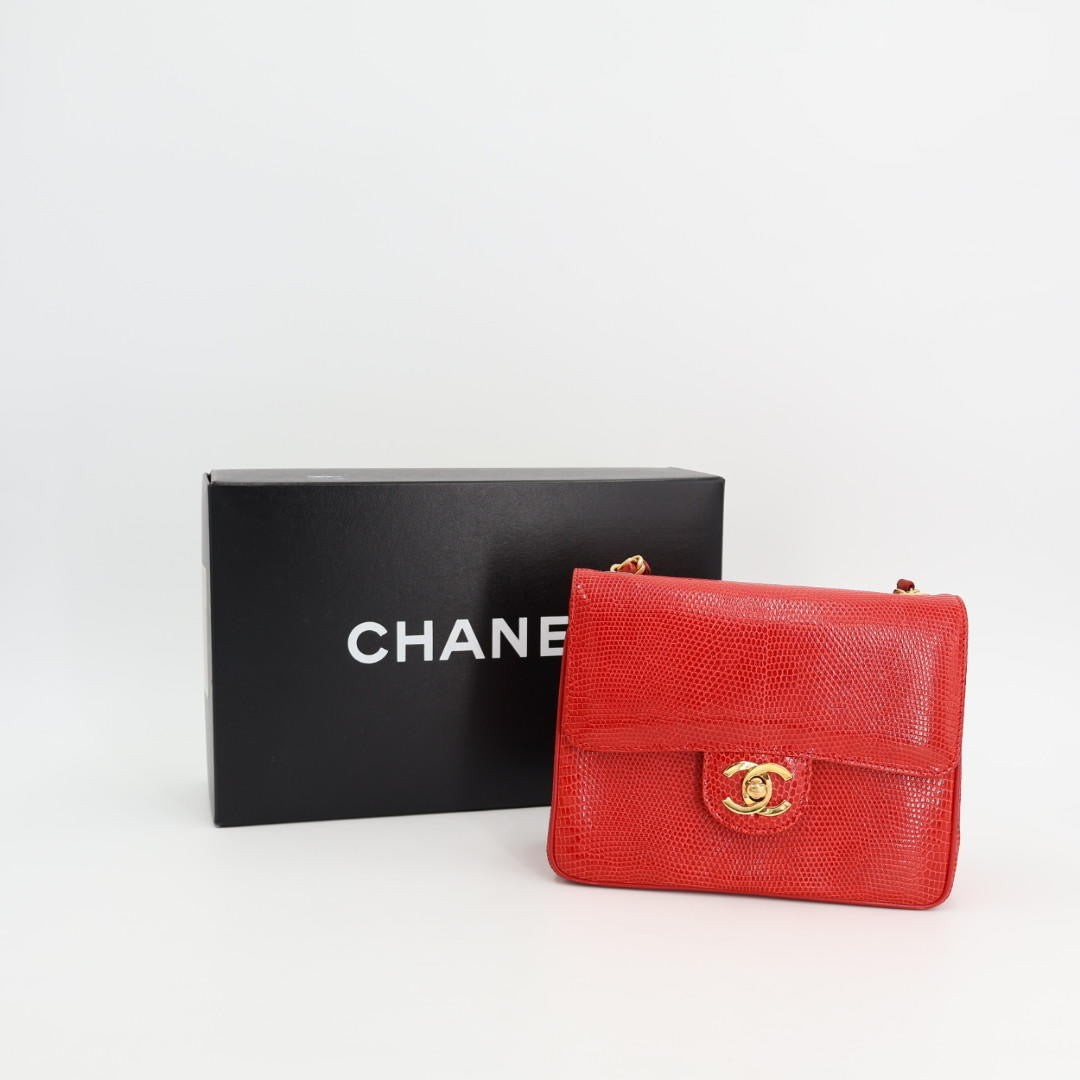 シャネル CHANEL ココマーク リザード シングルフラップ シングルチェーンバッグ レッド ゴールド金具 1番台