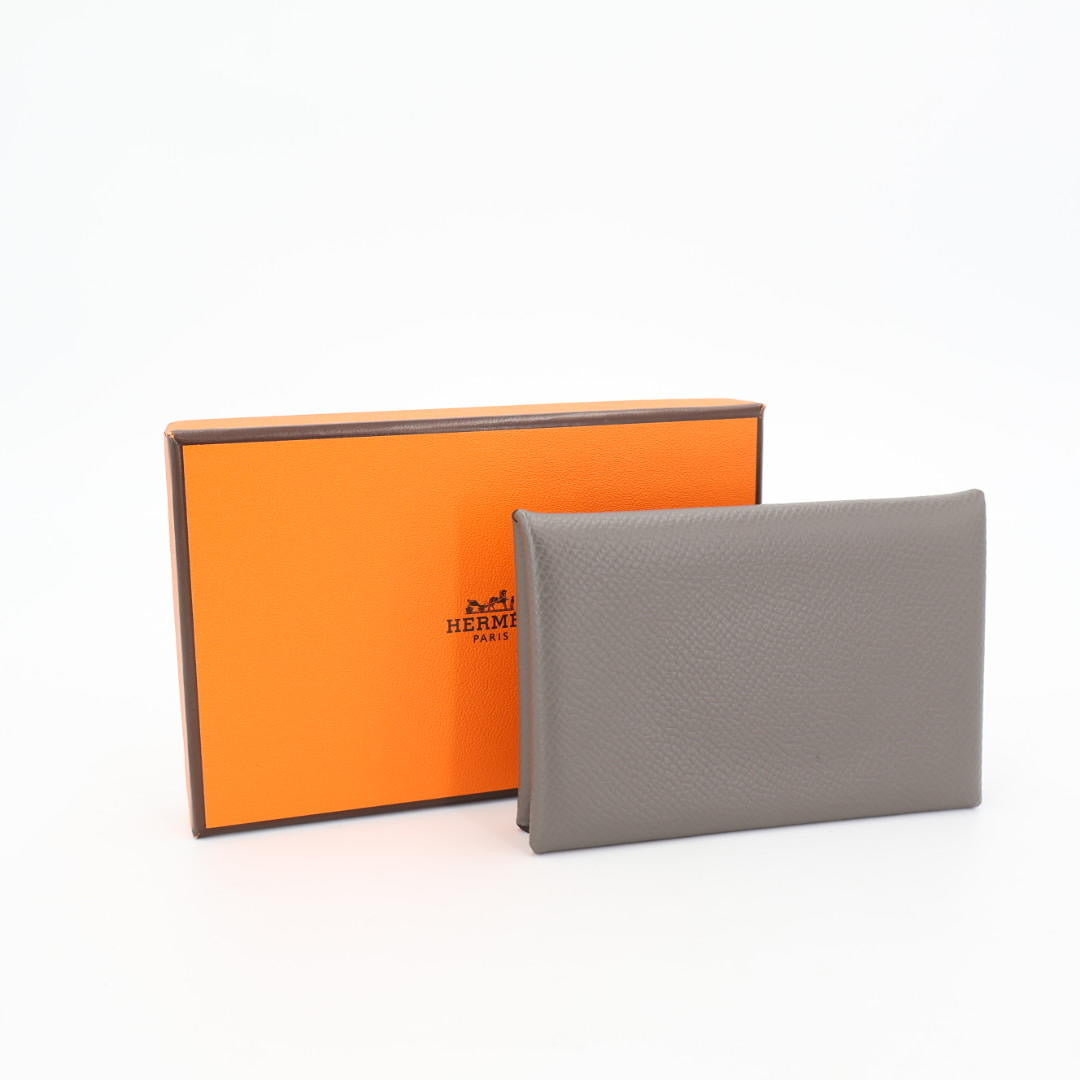 エルメス HERMES カルヴィ カードケース パスケース エプソン レザー エタン グレー シルバー金具 Z刻印 箱付