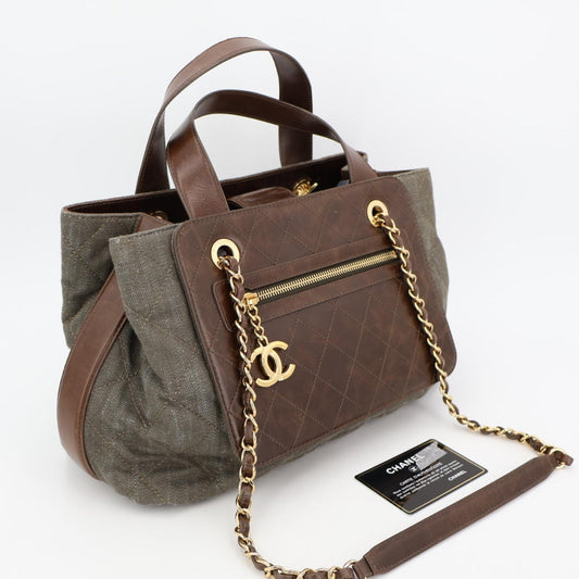 シャネル CHANELショルダーバッグ ヴィンテージカーフ×デニム ココチャーム 巾着 ブラウン×グレー