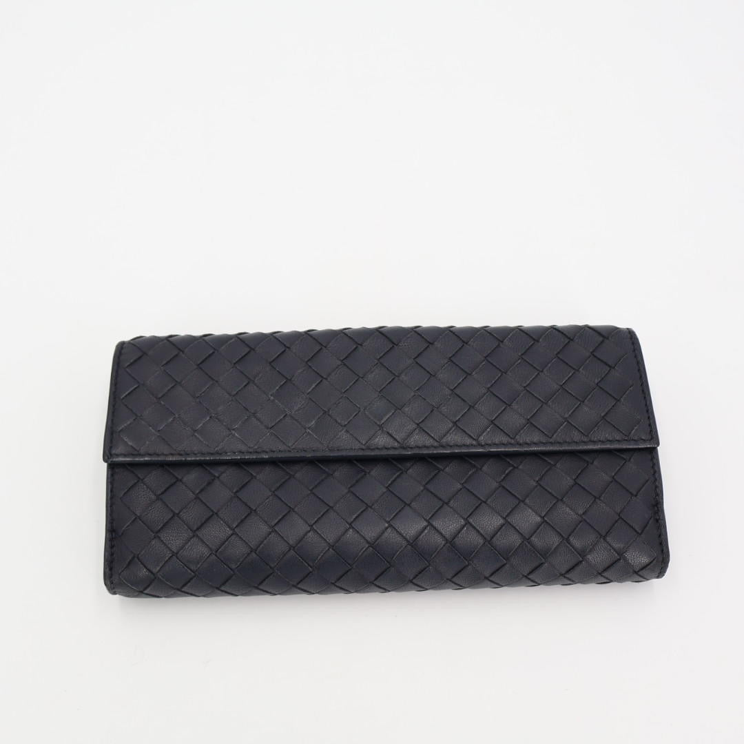 ボッテガ·ヴェネタBOTTEGA VENETA レザー イントレチャート Wホック長財布 ブラック