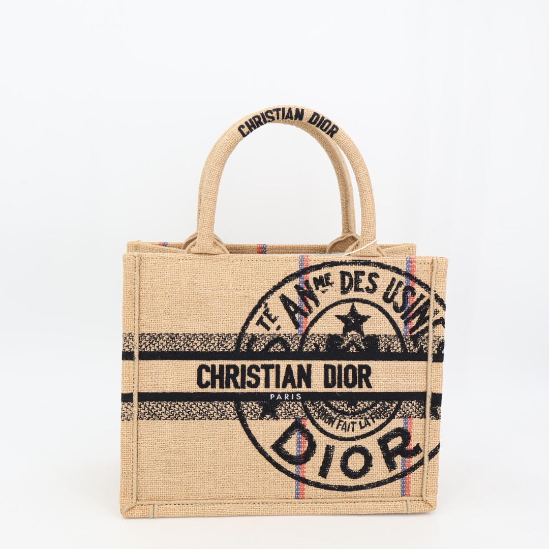 クリスチャンディオール Christian Dior ブックトートスモール M1265ZRUW_M918 トートバッグ ジュートキャンバス ベージュ ブラック/251895 美品