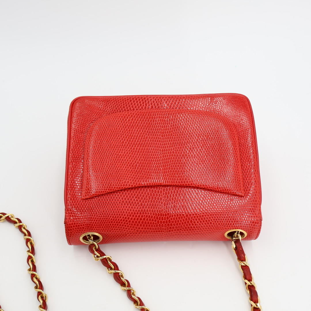 シャネル CHANEL ココマーク リザード シングルフラップ シングルチェーンバッグ レッド ゴールド金具 1番台