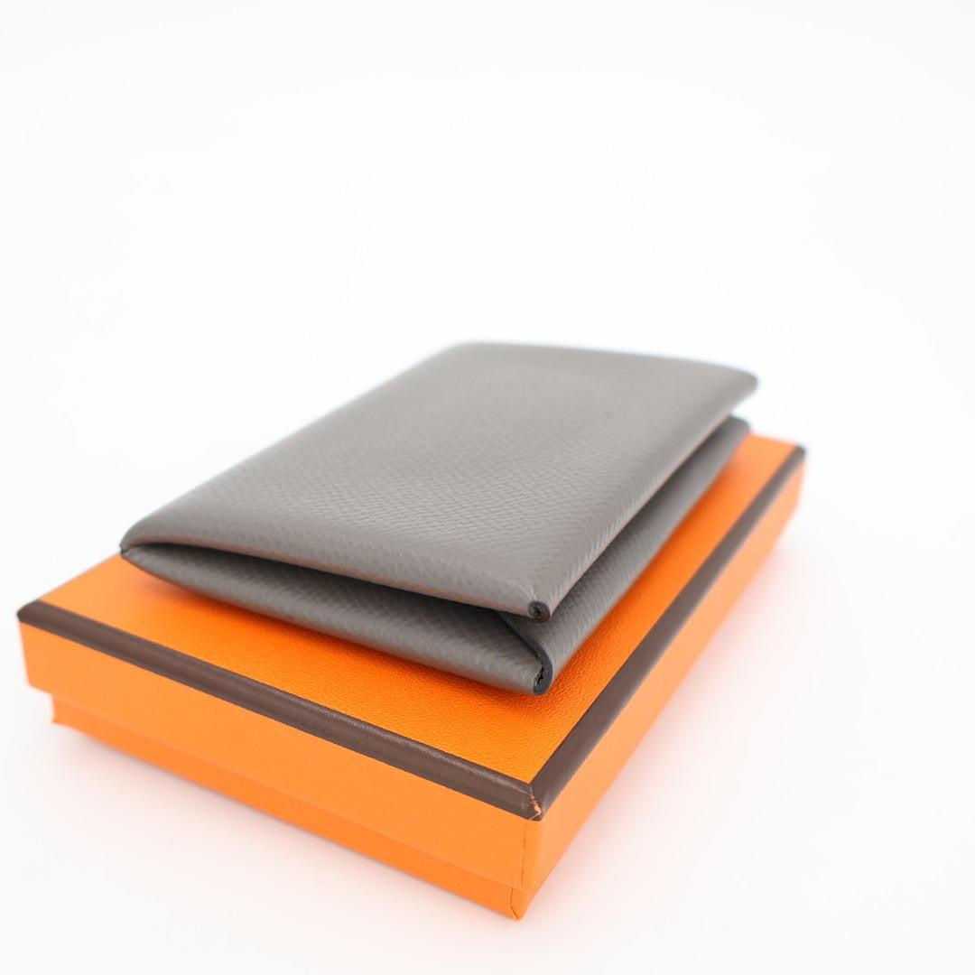エルメス HERMES カルヴィ カードケース パスケース エプソン レザー エタン グレー シルバー金具 Z刻印 箱付