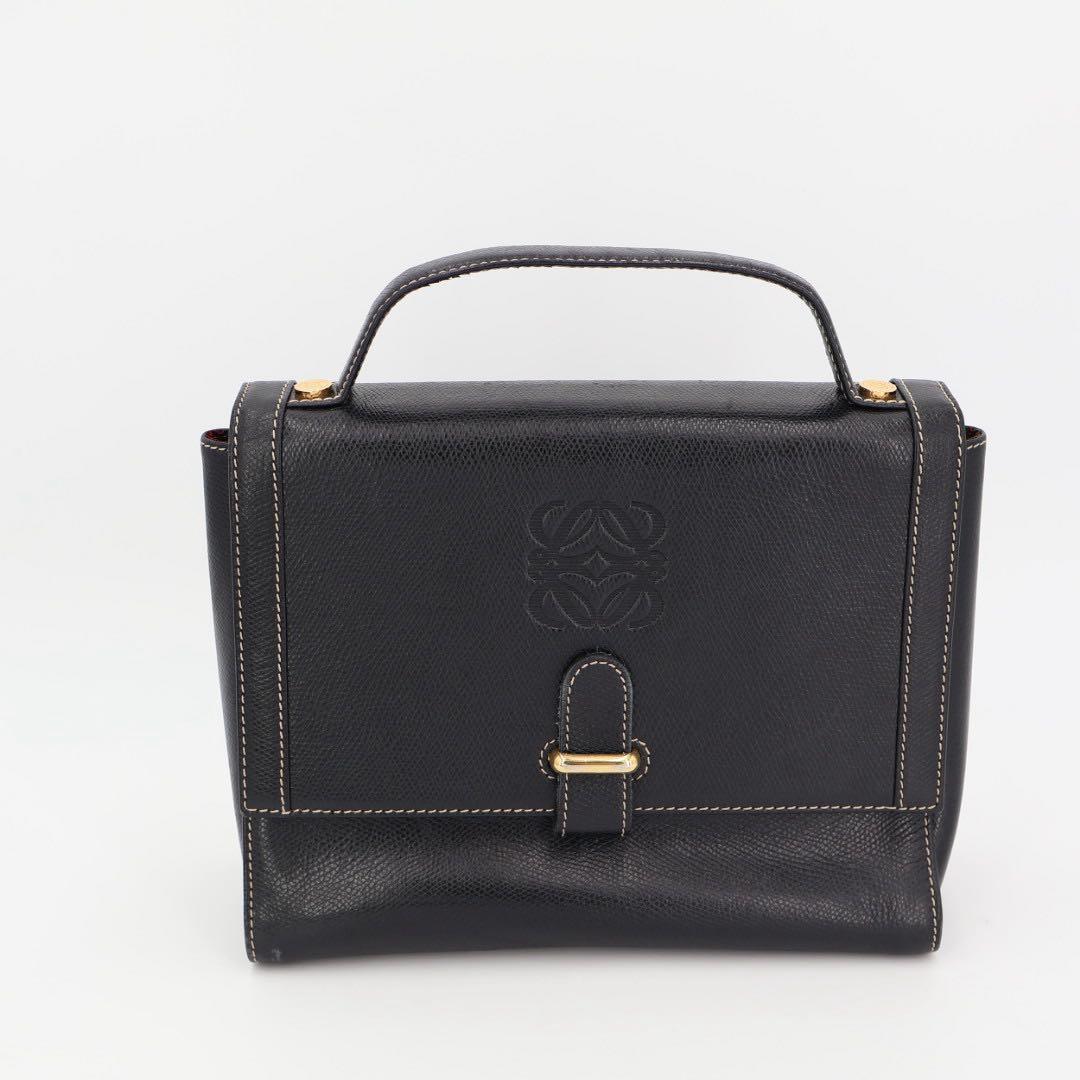 ロエベ LOEWE アナグラム ロゴ 型押し レザー 2way ハンドバッグ ショルダー ケリー型 ブラック 黒 ゴールド金具 ヴィンテージ