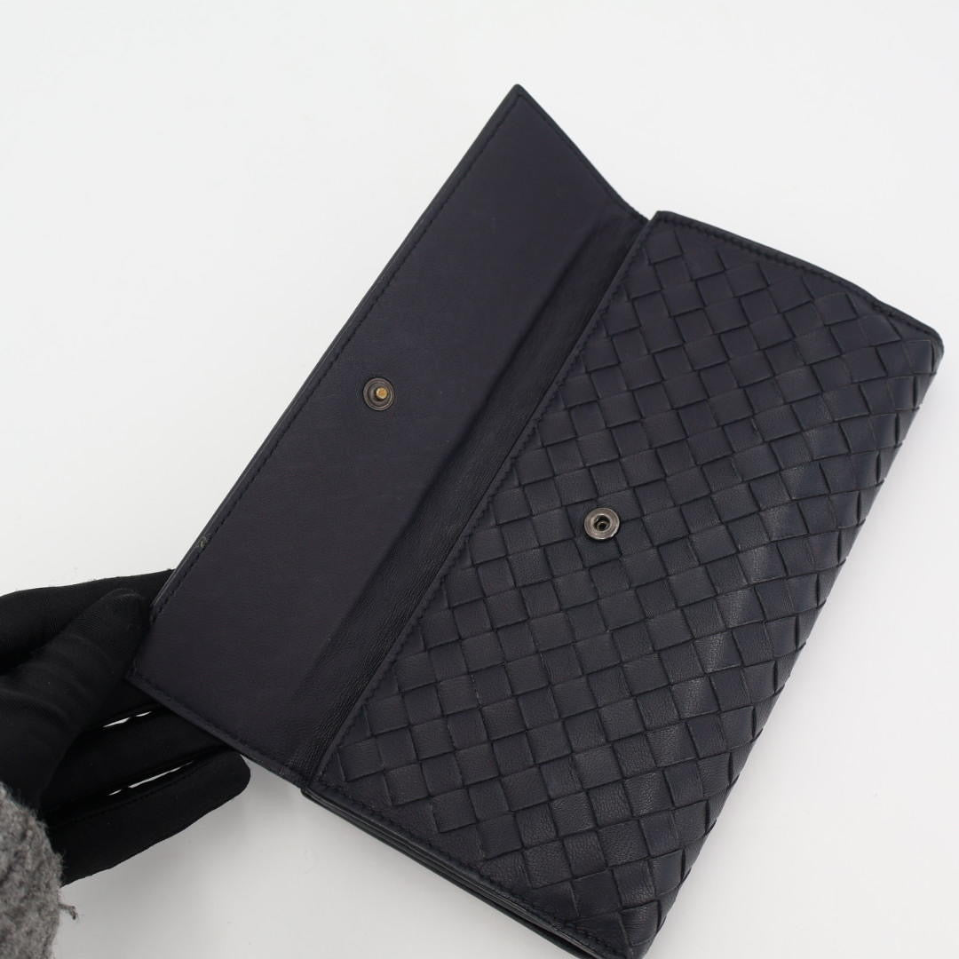 ボッテガ·ヴェネタBOTTEGA VENETA レザー イントレチャート Wホック長財布 ブラック