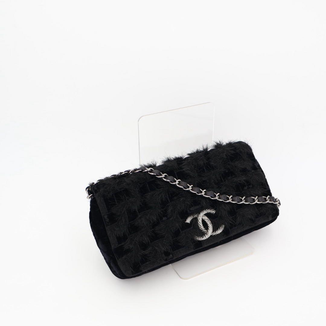 シシャネル CHANEL チェーン 黒 シルバー金具 レディース ベロア ショルダーバッグ