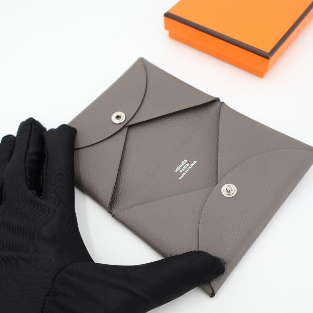 エルメス HERMES カルヴィ カードケース パスケース エプソン レザー エタン グレー シルバー金具 Z刻印 箱付