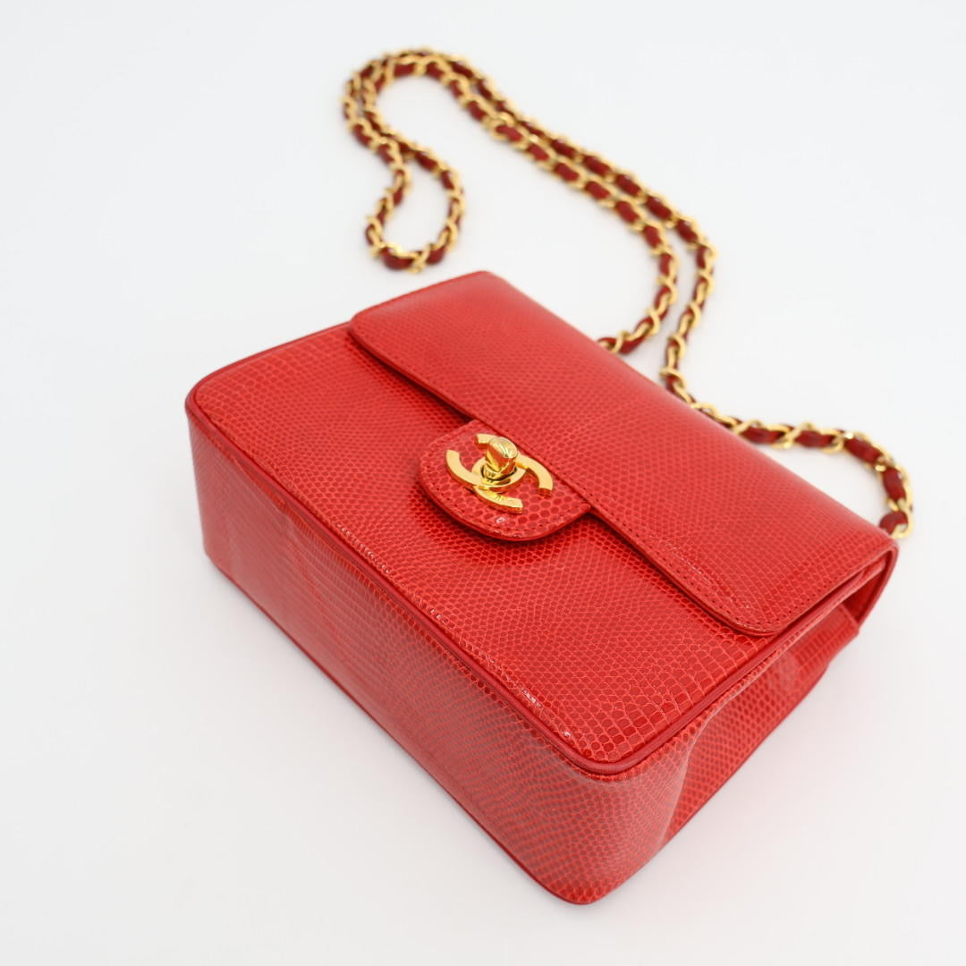 シャネル CHANEL ココマーク リザード シングルフラップ シングルチェーンバッグ レッド ゴールド金具 1番台