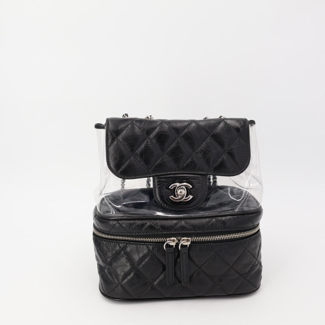 CHANEL シャネル マトラッセ クリアバックパック A57826 クリア ブラック ビニール レザー シルバー金具 リュックサック