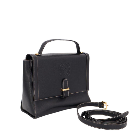 ロエベ LOEWE アナグラム ロゴ 型押し レザー 2way ハンドバッグ ショルダー ケリー型 ブラック 黒 ゴールド金具 ヴィンテージ
