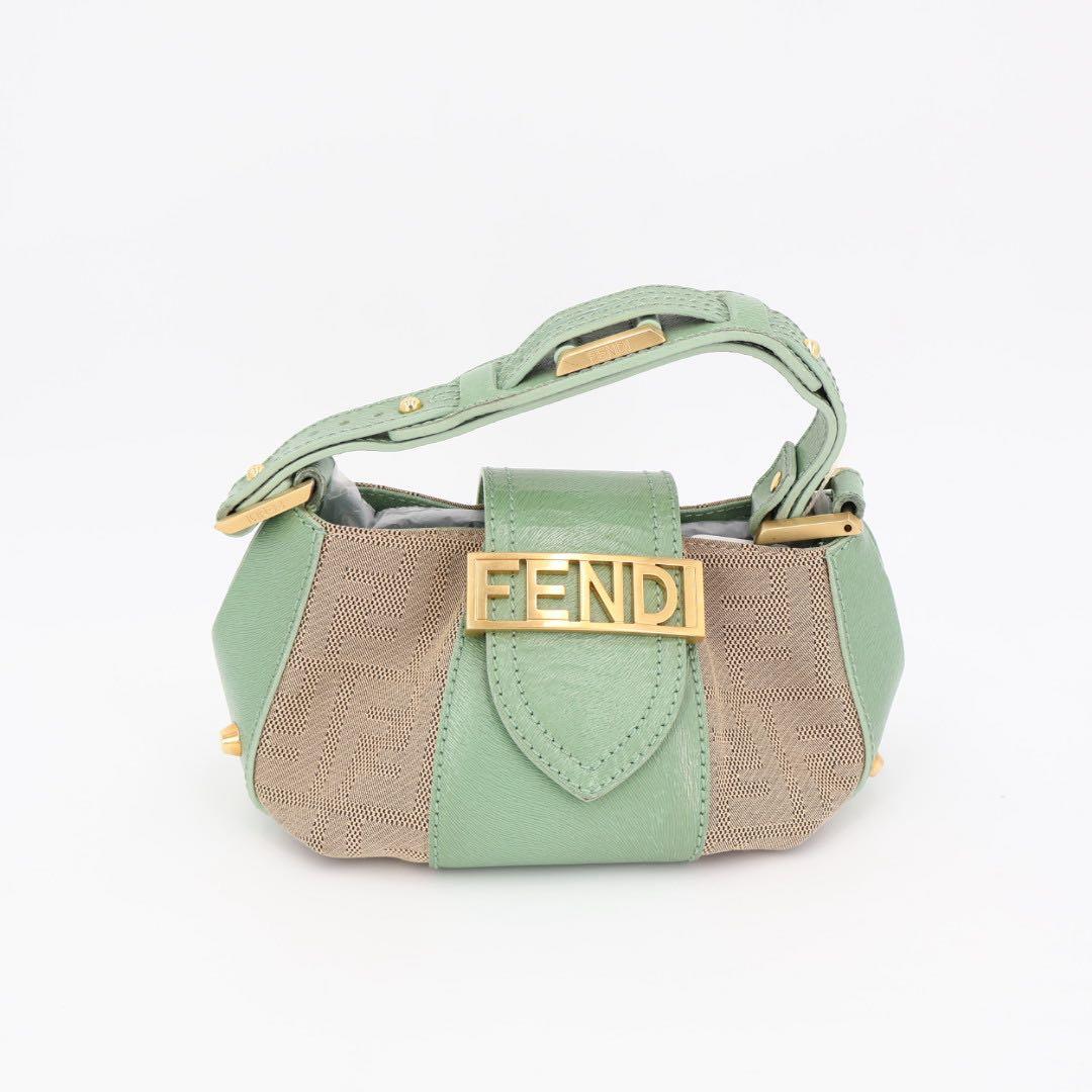 フェンディ Fendi ベージュ グリーン ズッカ キャンバス レザー バゲット ショルダーバッグ