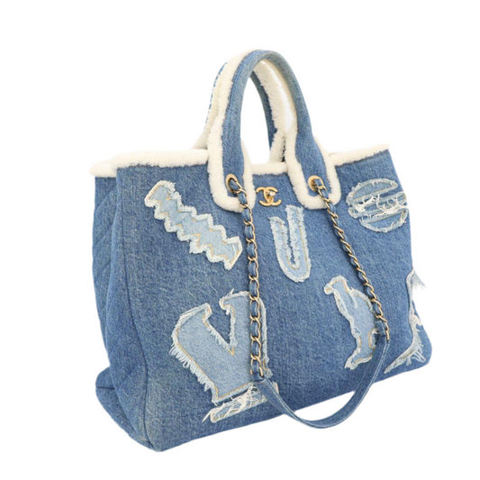 シャネル CHANEL ハンドバッグ ショルダーバッグ 2Wayバッグ ココマーク ラージショッピングバッグ デニムブルー デニムxムートン レディース AS0759 美品