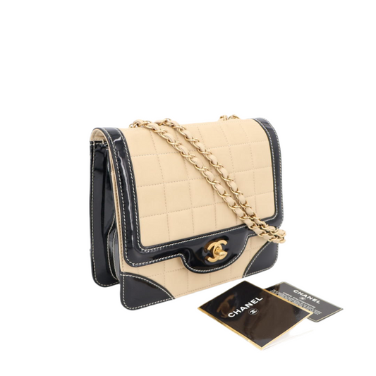 シャネル CHANEL チョコバー バイカラー チェーン ショルダー バッグ ブラック ホワイト 黒 白 シルバー 金具 パテント エナメル