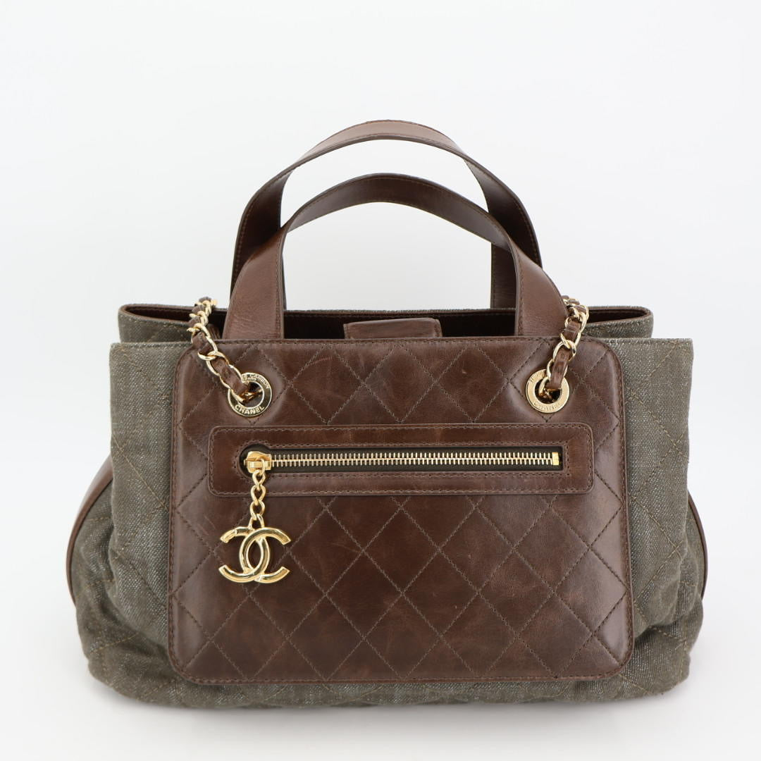 シャネル CHANELショルダーバッグ ヴィンテージカーフ×デニム ココチャーム 巾着 ブラウン×グレー