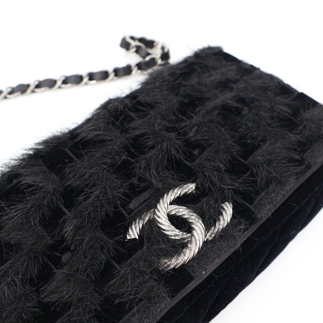 シシャネル CHANEL チェーン 黒 シルバー金具 レディース ベロア ショルダーバッグ