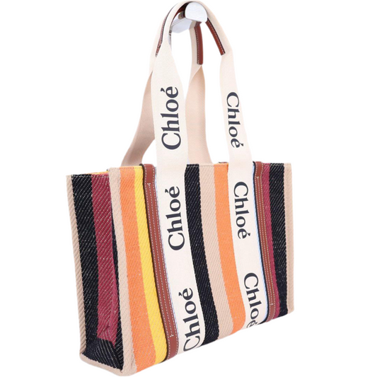クロエ Chloe レディース WOODY ウッディ ミディアム ストライプ トートバッグ