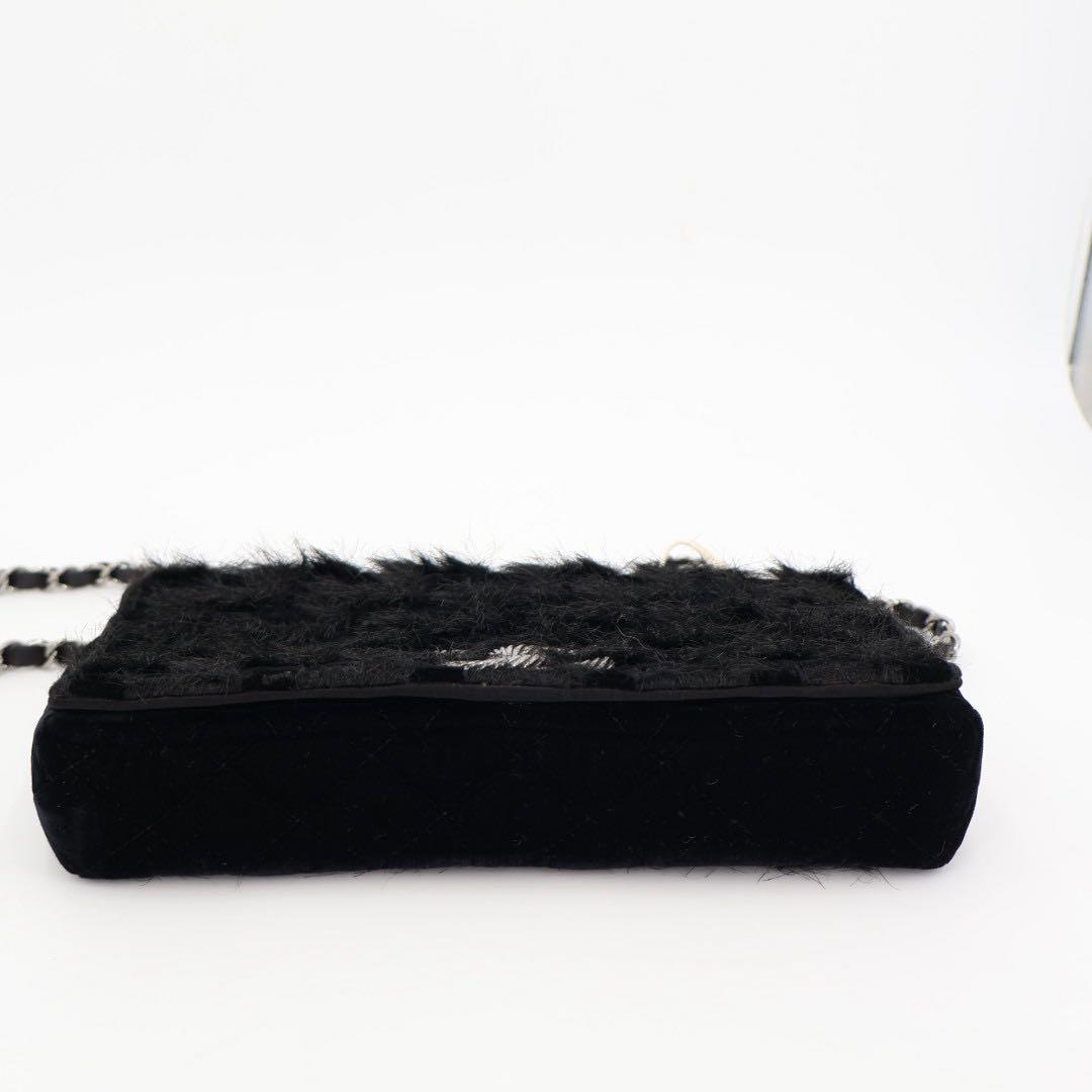 シシャネル CHANEL チェーン 黒 シルバー金具 レディース ベロア ショルダーバッグ