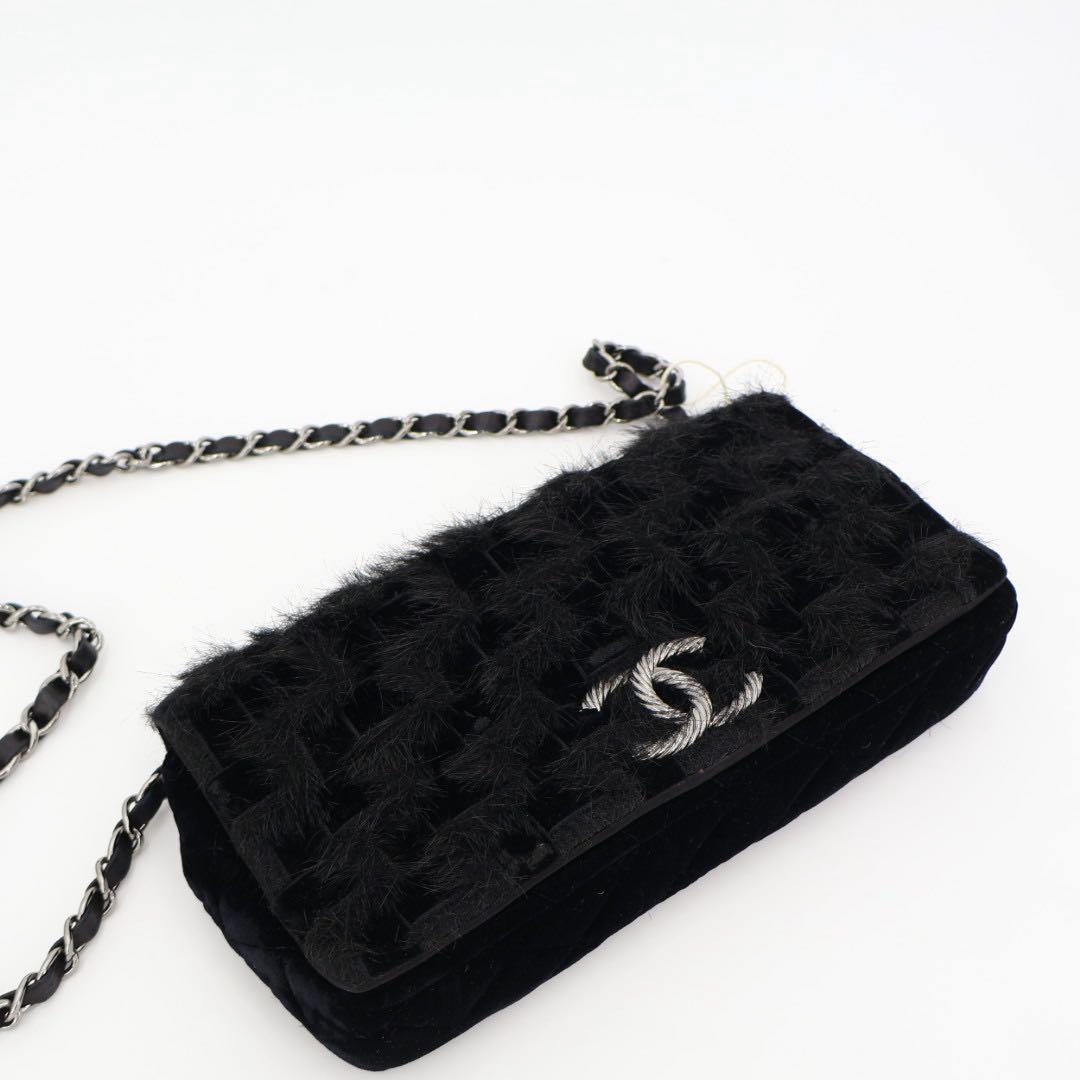 シシャネル CHANEL チェーン 黒 シルバー金具 レディース ベロア ショルダーバッグ