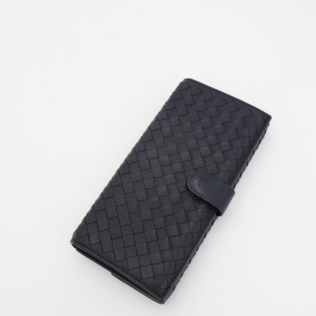 ボッテガ·ヴェネタBOTTEGA VENETA レザー イントレチャート Wホック長財布 ブラック