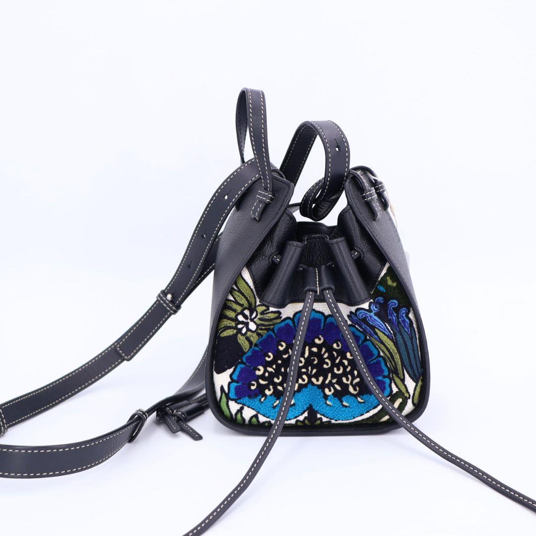 ロエベ LOEWE ハンモックミニ ハンドバッグ ウィリアム・ド・モーガン/刺繍 黒×白×ブルー ソフトグレインカーフ×キャンバス 美品