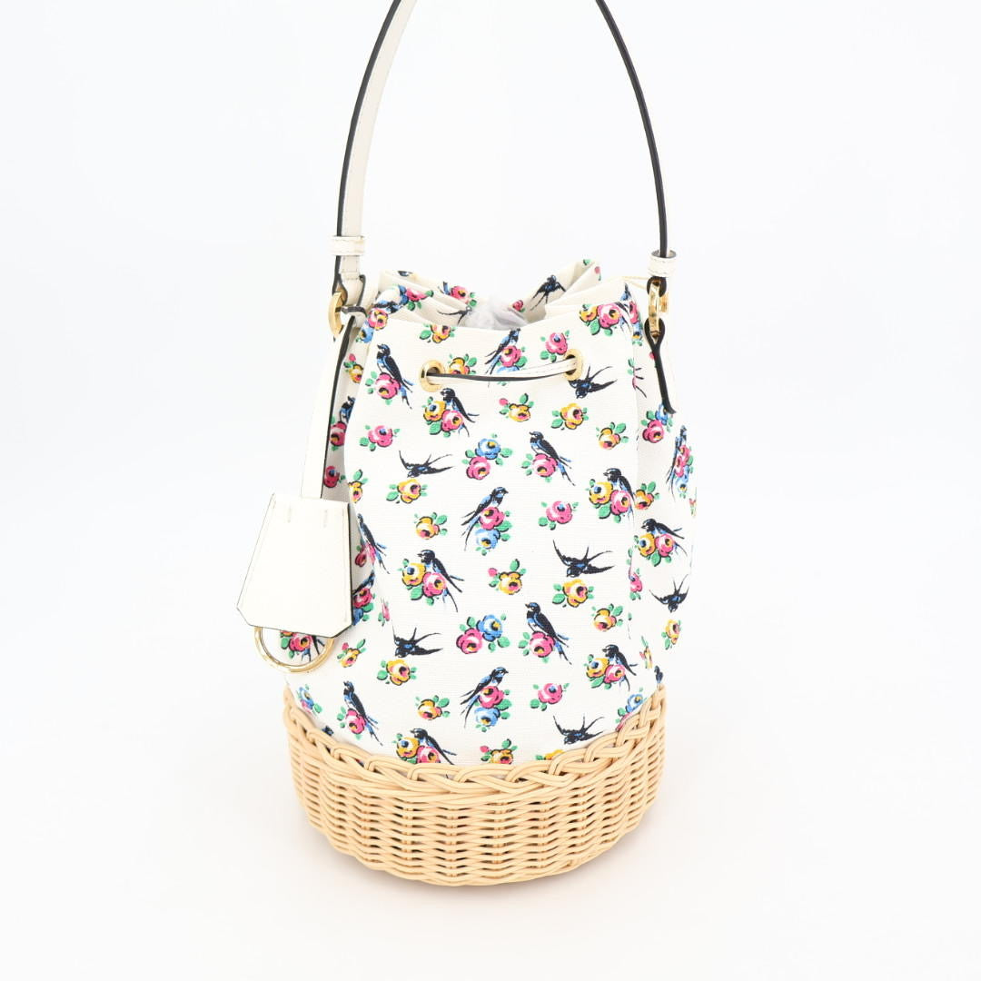 プラダ PRADA ハンドバッグ バッグ キャンバス ウィッカー レディース ホワイト系 / マルチカラー 美品