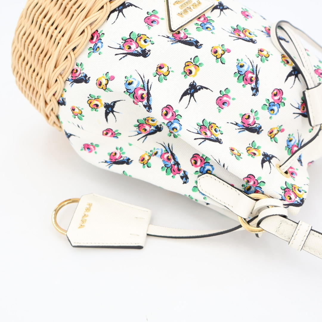 プラダ PRADA ハンドバッグ バッグ キャンバス ウィッカー レディース ホワイト系 / マルチカラー 美品