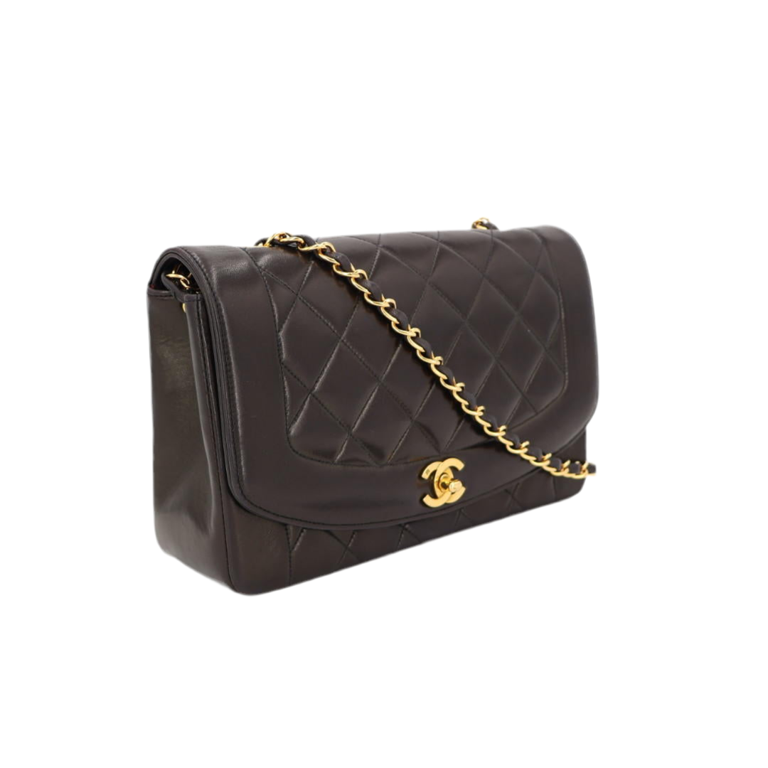 シャネル CHANEL ダイアナフラップ マトラッセ25 チェーンショルダーバッグ ラムスキン 黒 ゴールド金具