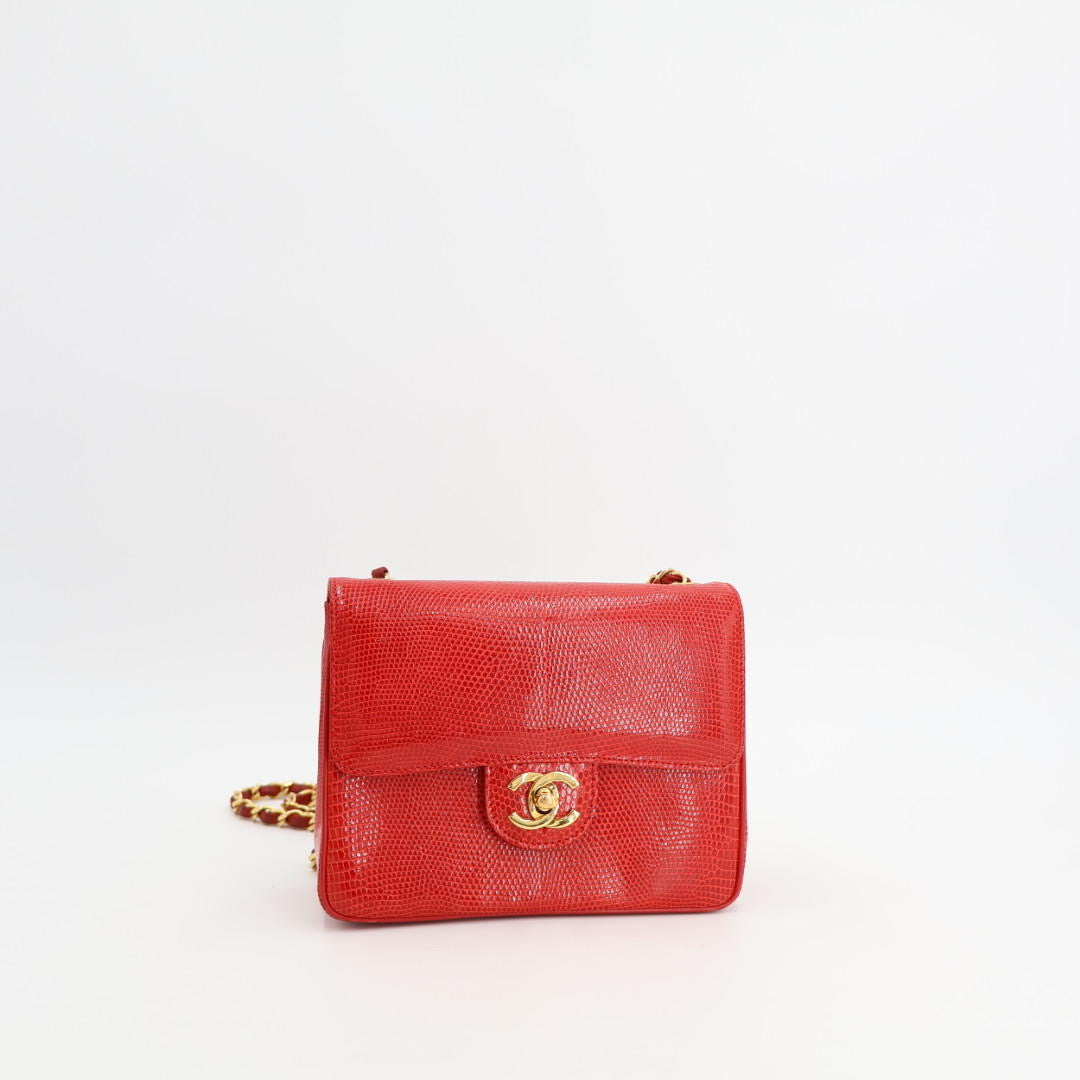 シャネル CHANEL ココマーク リザード シングルフラップ シングルチェーンバッグ レッド ゴールド金具 1番台
