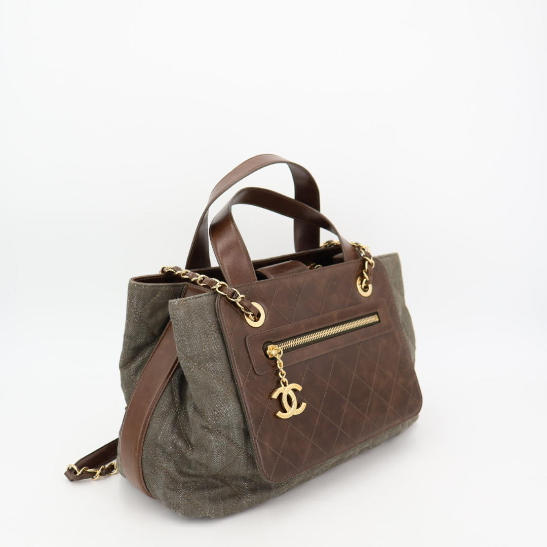 シャネル CHANELショルダーバッグ ヴィンテージカーフ×デニム ココチャーム 巾着 ブラウン×グレー