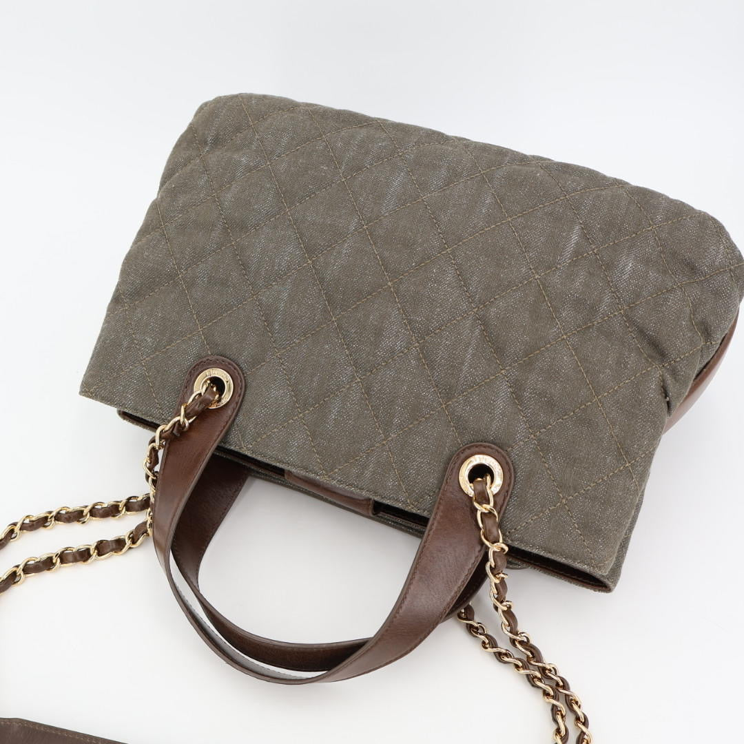 シャネル CHANELショルダーバッグ ヴィンテージカーフ×デニム ココチャーム 巾着 ブラウン×グレー