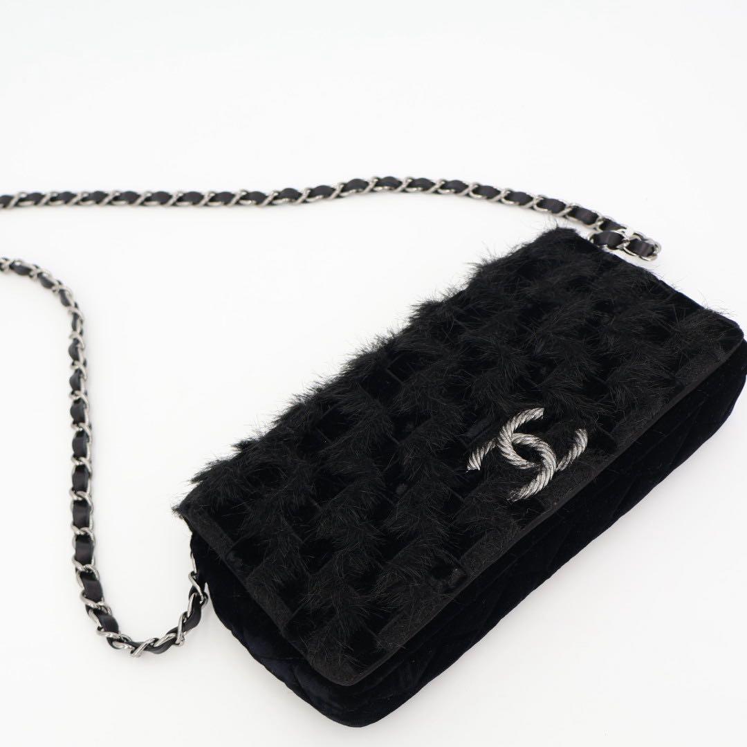 シシャネル CHANEL チェーン 黒 シルバー金具 レディース ベロア ショルダーバッグ