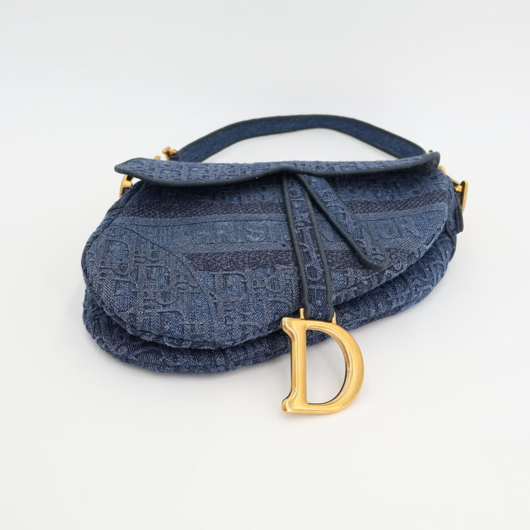 クリスチャンディオールChristian　Dior 01-RU-0095 オブリーク エンブロイダリー サドルバッグM デニム Dior ワンショルダーバッグ トロッター ハンドバッグ ブルー/ネイビー/紺 アンティークゴールド金具 ギフト