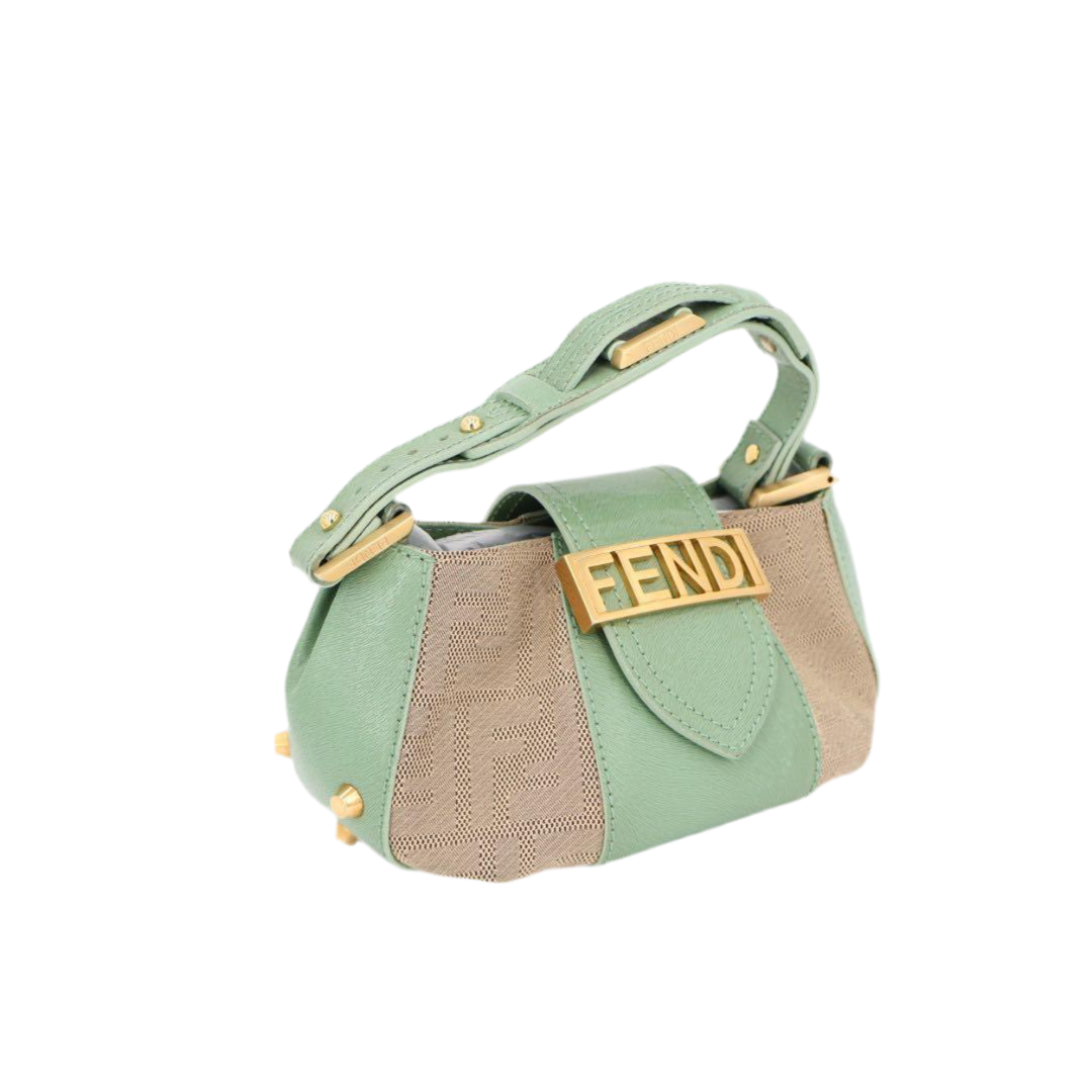 フェンディ Fendi ベージュ グリーン ズッカ キャンバス レザー バゲット ショルダーバッグ