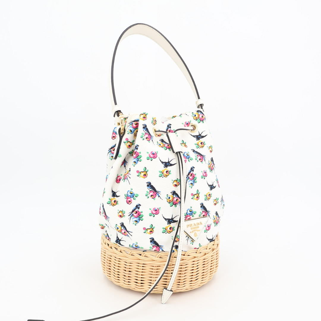 プラダ PRADA ハンドバッグ バッグ キャンバス ウィッカー レディース ホワイト系 / マルチカラー 美品
