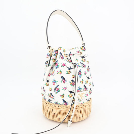 プラダ PRADA ハンドバッグ バッグ キャンバス ウィッカー レディース ホワイト系 / マルチカラー 美品